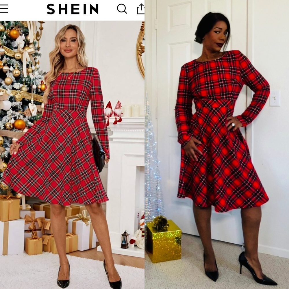 SHEIN Classic Red Plaid Long Sleeve Dress